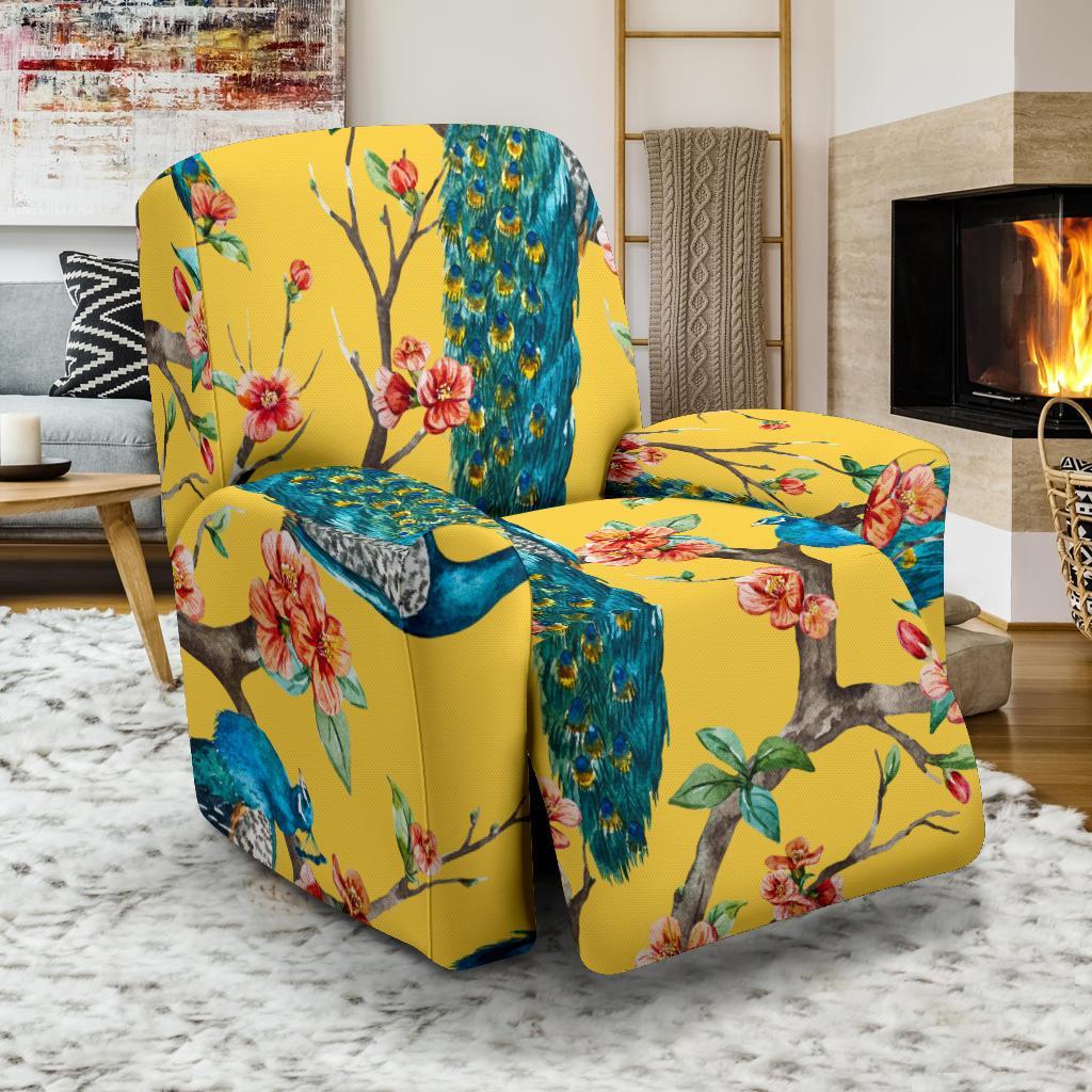 Yellow Peacock Floral Pattern Print Recliner Cover-grizzshop