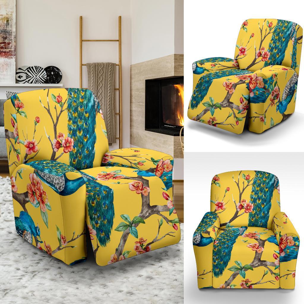 Yellow Peacock Floral Pattern Print Recliner Cover-grizzshop