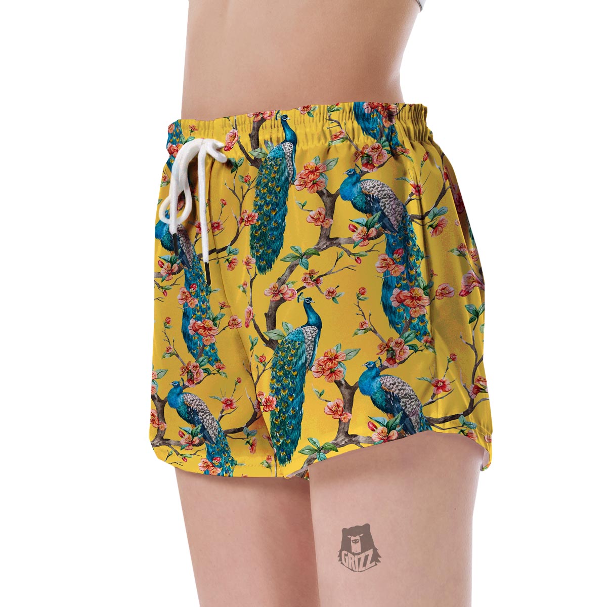 Yellow Peacock Floral Pattern Print Women's Shorts-grizzshop