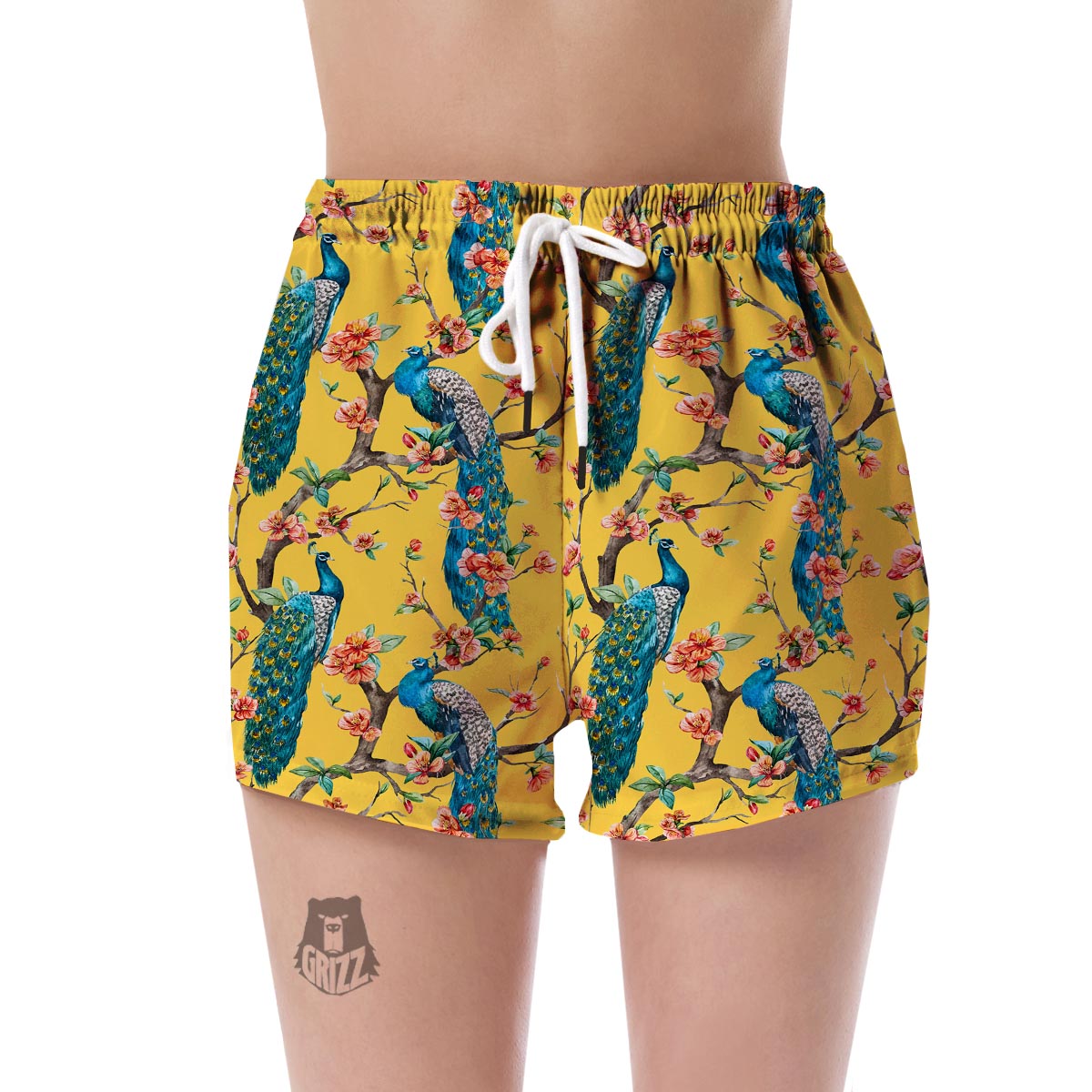 Yellow Peacock Floral Pattern Print Women's Shorts-grizzshop