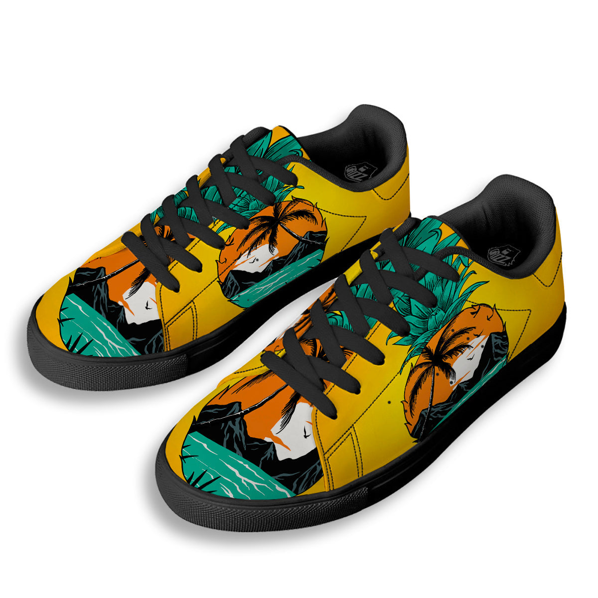 Yellow Pineapple Aloha Tropical Island Print Black Low Top Sneakers-grizzshop
