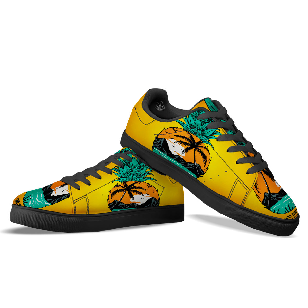 Yellow Pineapple Aloha Tropical Island Print Black Low Top Sneakers-grizzshop