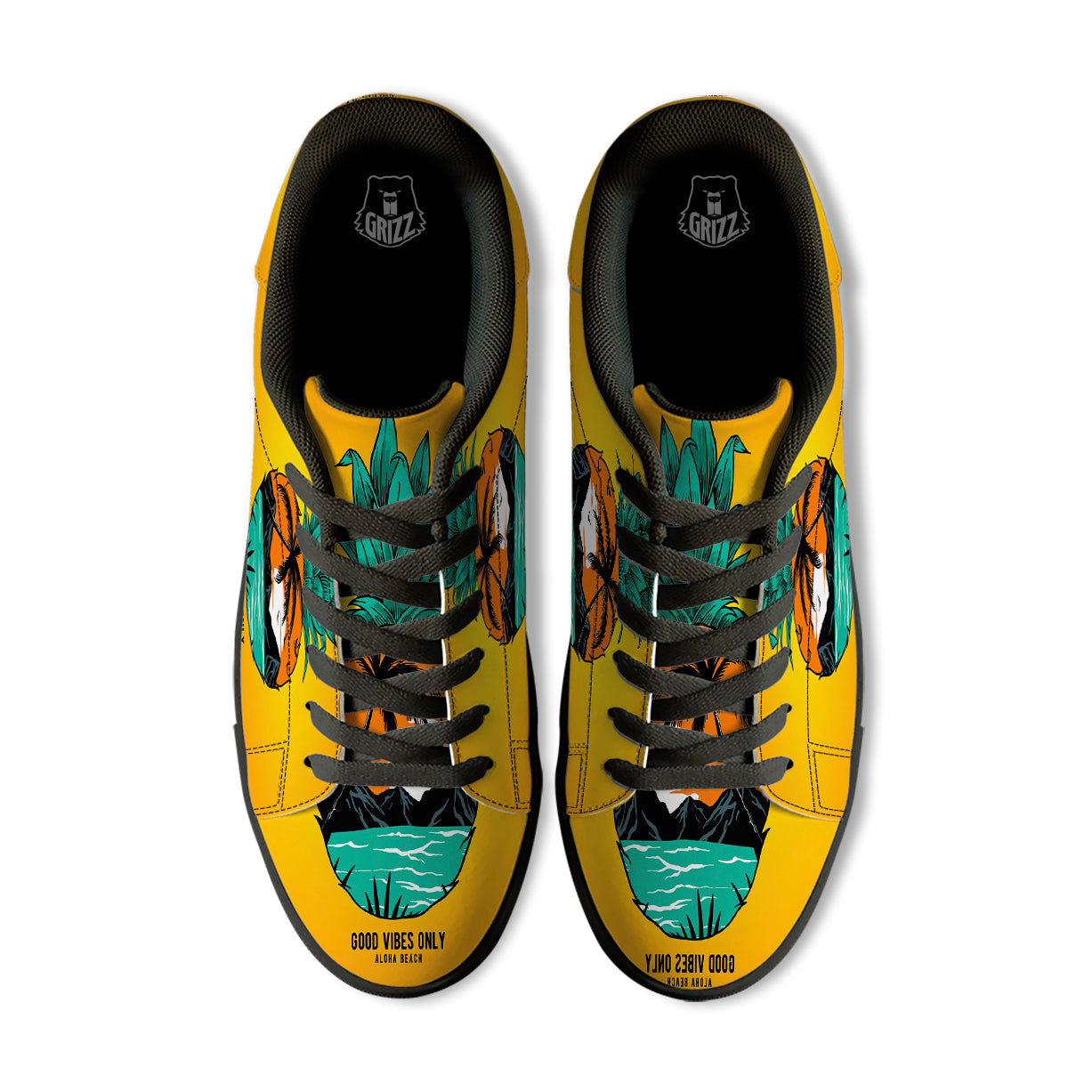 Yellow Pineapple Aloha Tropical Island Print Black Low Top Sneakers-grizzshop