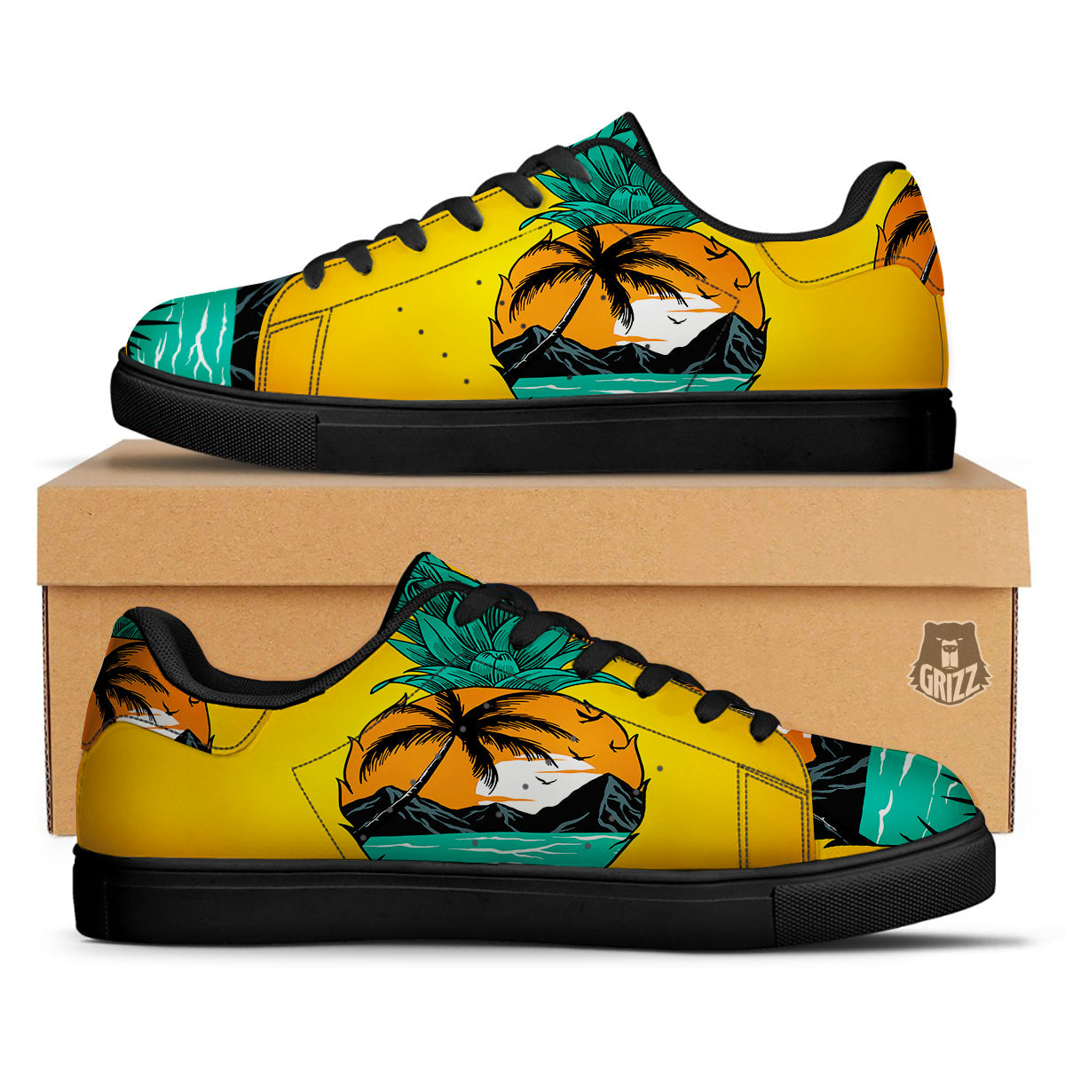 Yellow Pineapple Aloha Tropical Island Print Black Low Top Sneakers-grizzshop