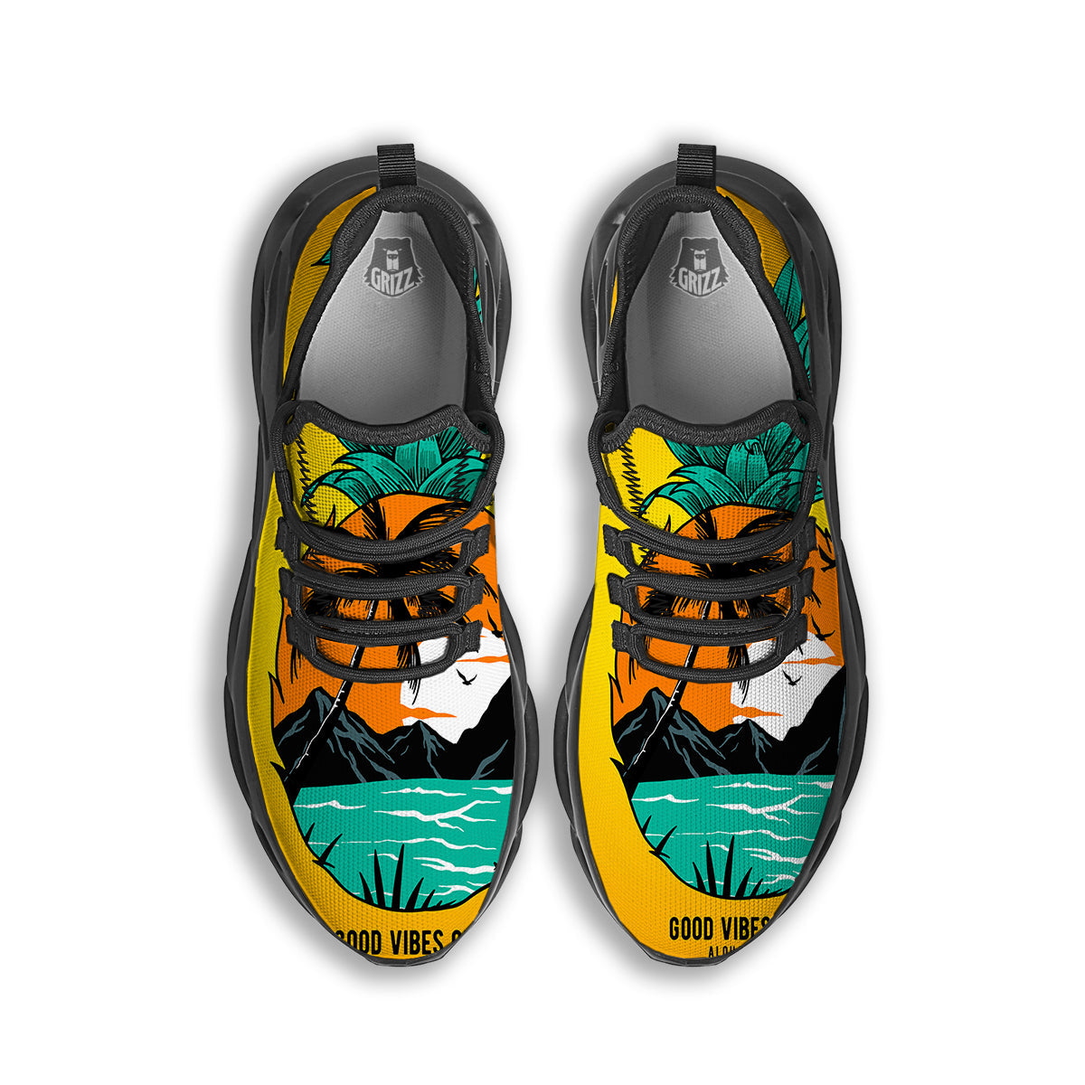Yellow Pineapple Aloha Tropical Island Print Black Running Shoes-grizzshop