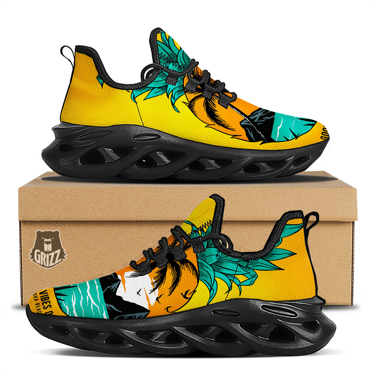Yellow Pineapple Aloha Tropical Island Print Black Running Shoes-grizzshop