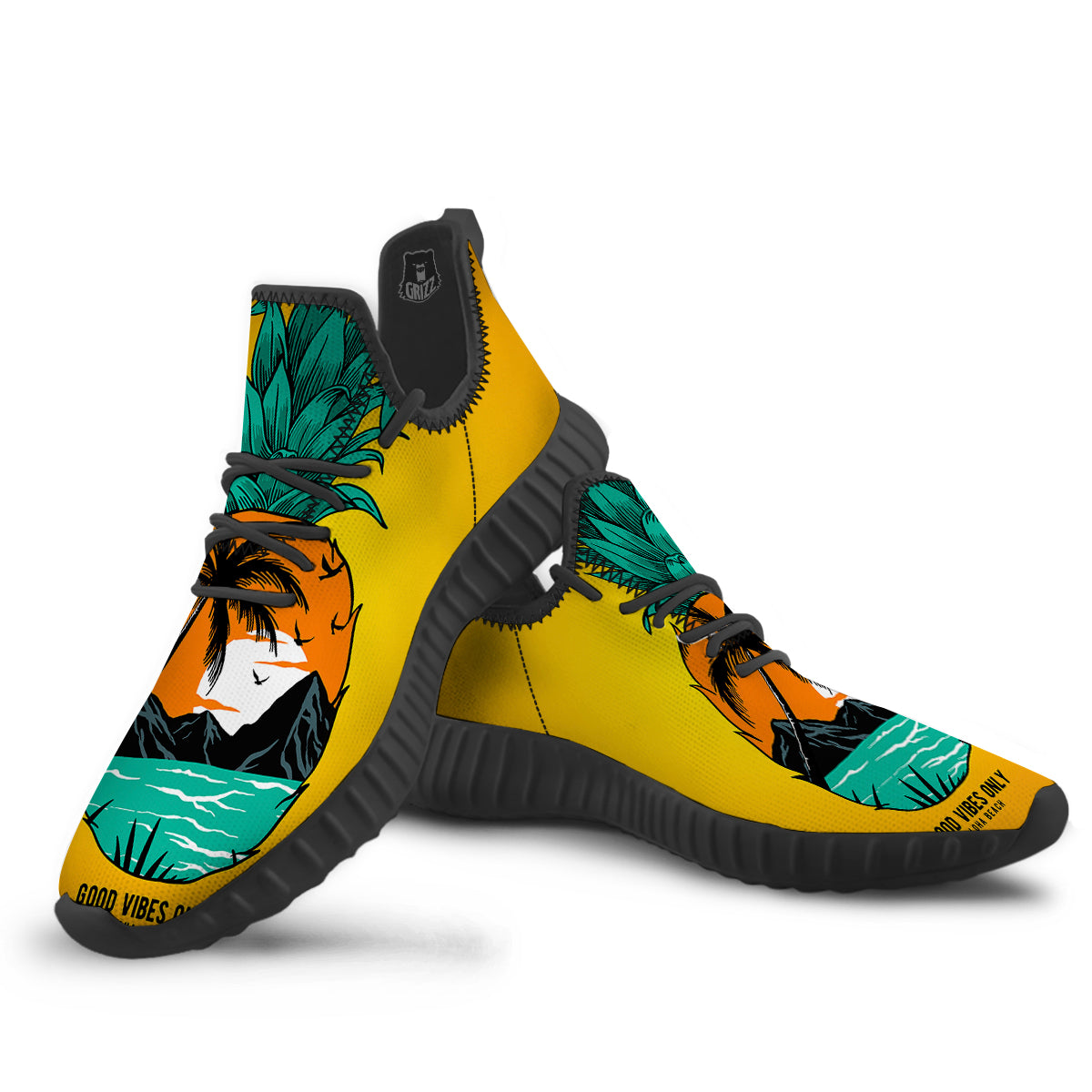 Yellow Pineapple Aloha Tropical Island Print Black Walking Shoes-grizzshop