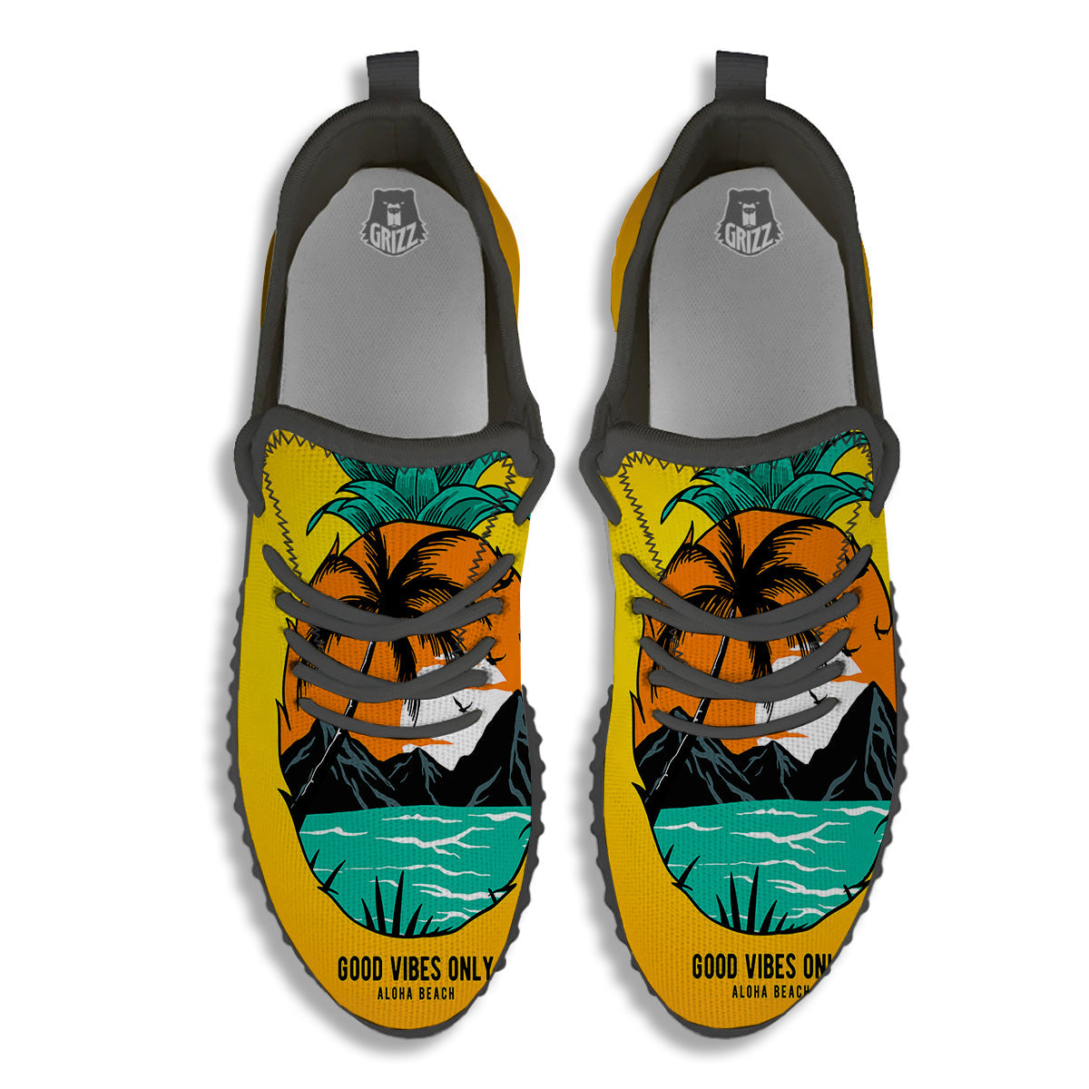 Yellow Pineapple Aloha Tropical Island Print Black Walking Shoes-grizzshop