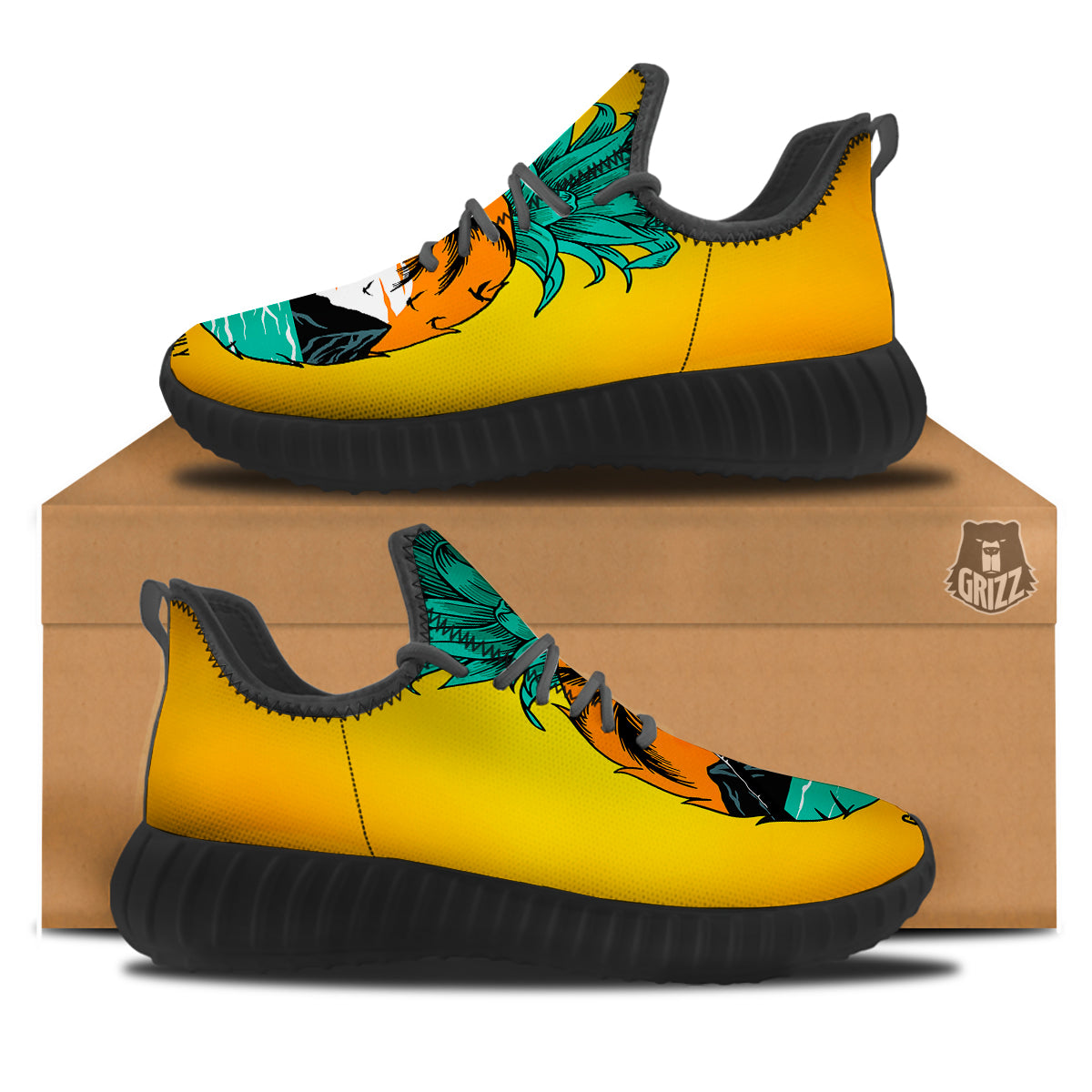 Yellow Pineapple Aloha Tropical Island Print Black Walking Shoes-grizzshop