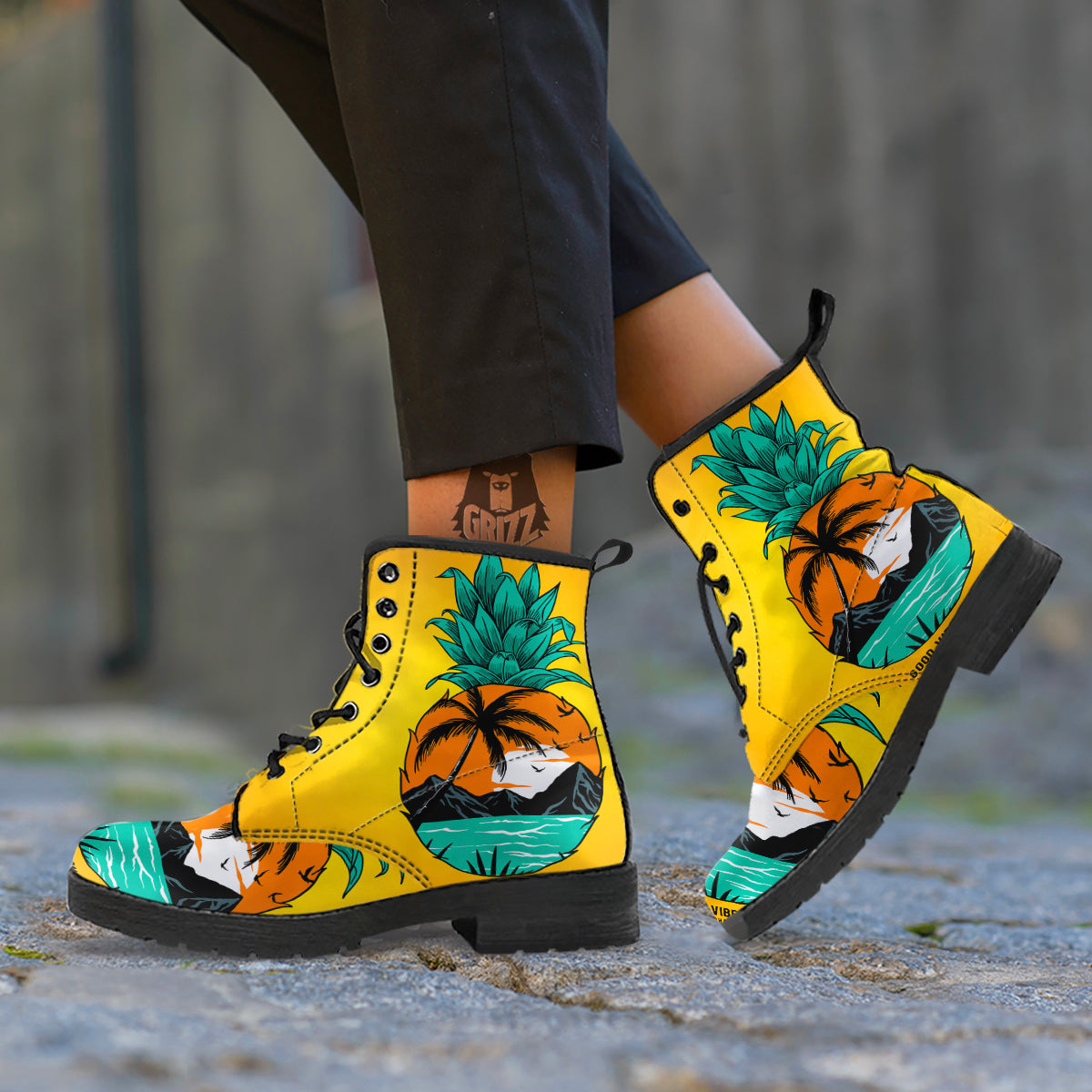 Yellow Pineapple Aloha Tropical Island Print Leather Boots-grizzshop