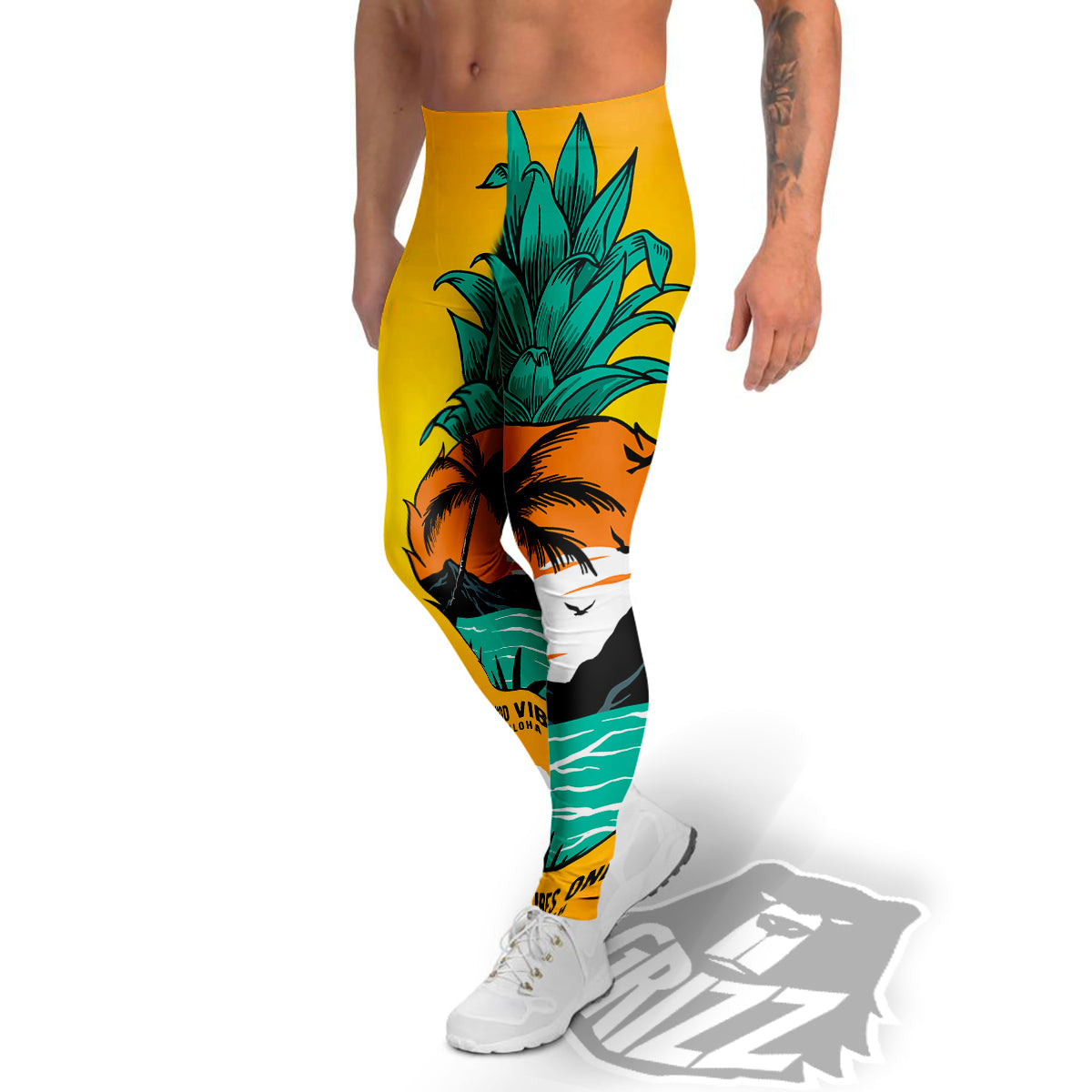 Yellow Pineapple Aloha Tropical Island Print Men's Leggings-grizzshop