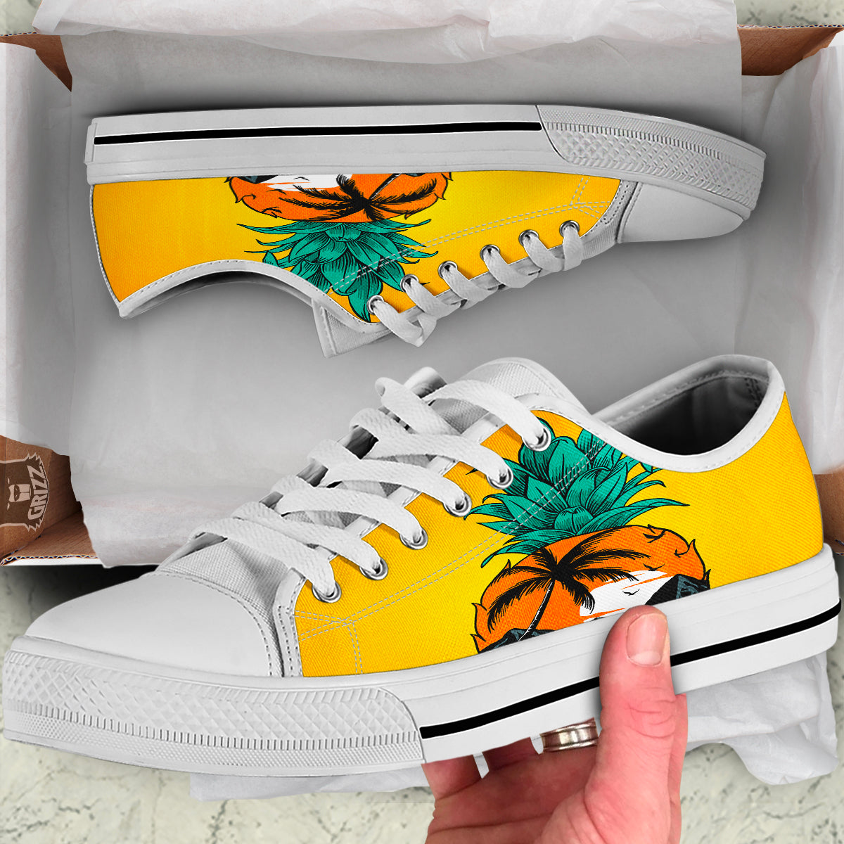 Yellow Pineapple Aloha Tropical Island Print White Low Top Shoes-grizzshop
