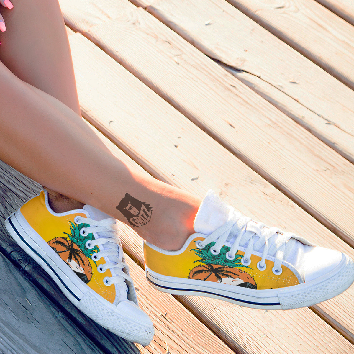 Yellow Pineapple Aloha Tropical Island Print White Low Top Shoes-grizzshop