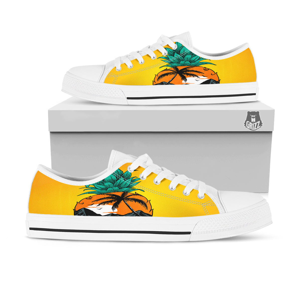 Yellow Pineapple Aloha Tropical Island Print White Low Top Shoes-grizzshop