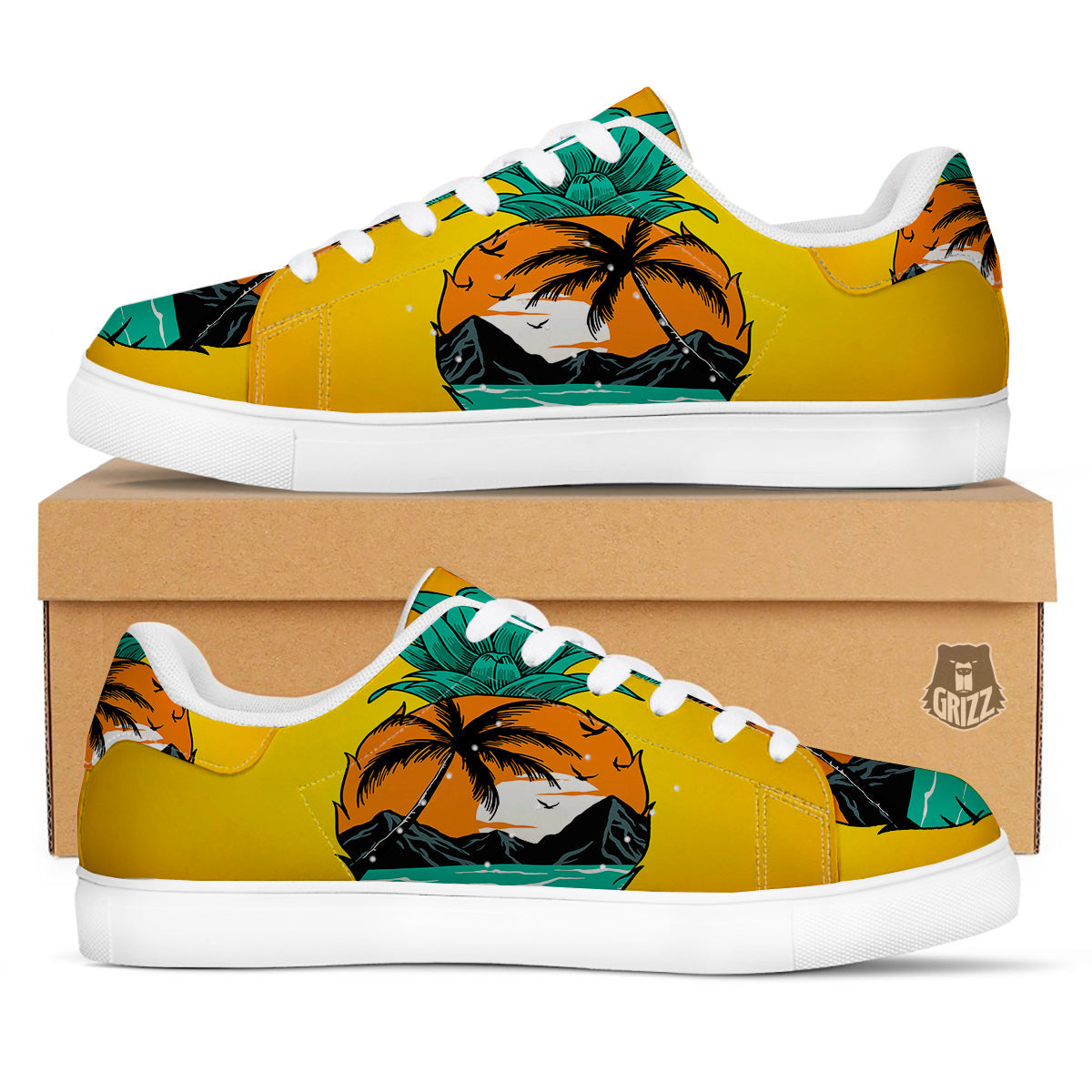 Yellow Pineapple Aloha Tropical Island Print White Low Top Sneakers-grizzshop