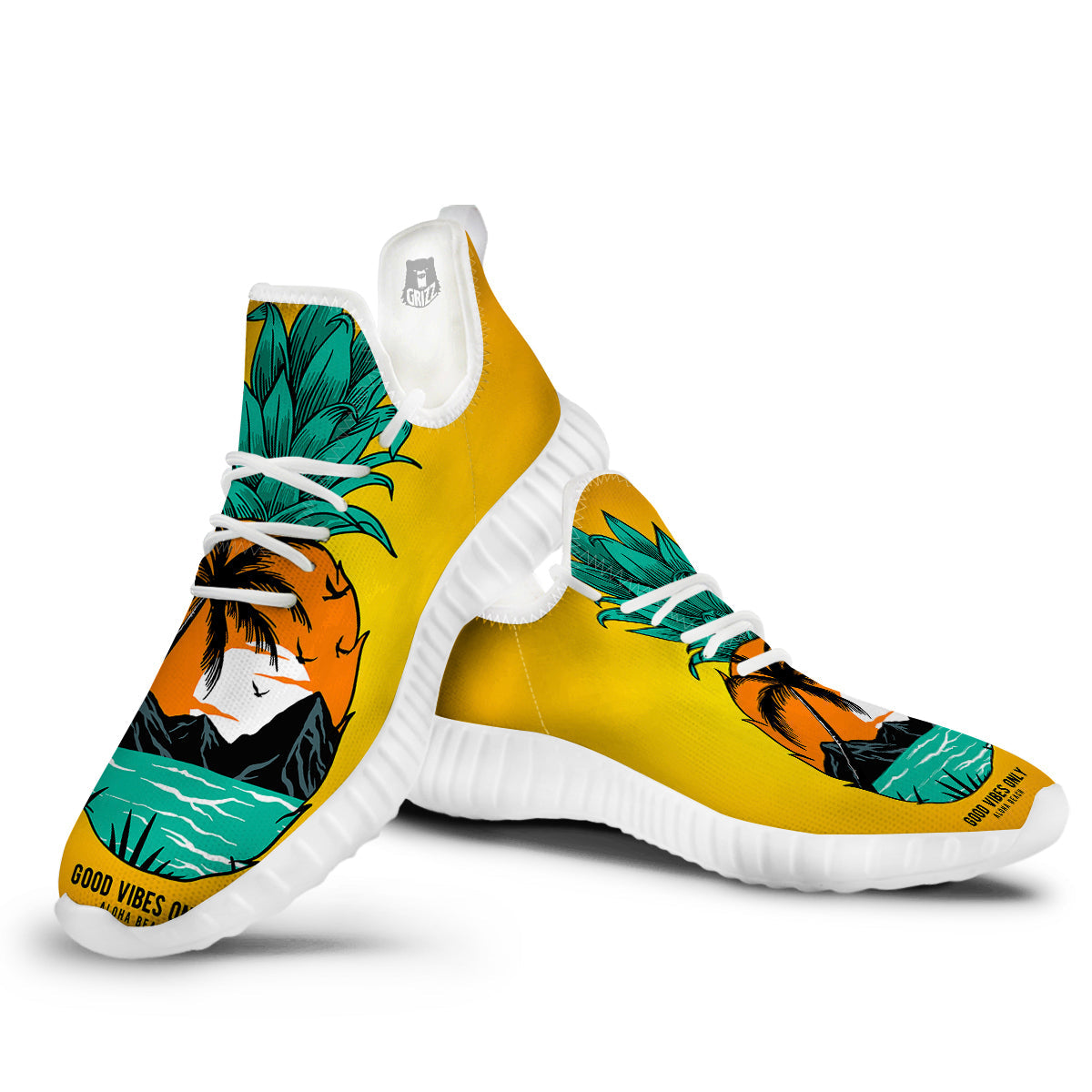 Yellow Pineapple Aloha Tropical Island Print White Walking Shoes-grizzshop
