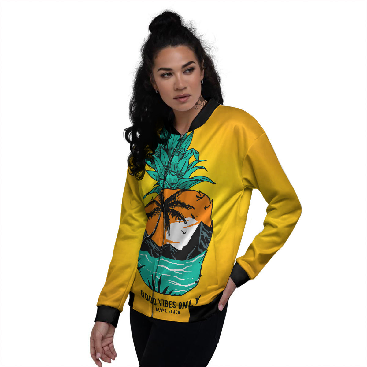 Yellow Pineapple Aloha Tropical Island Print Women's Bomber Jacket-grizzshop