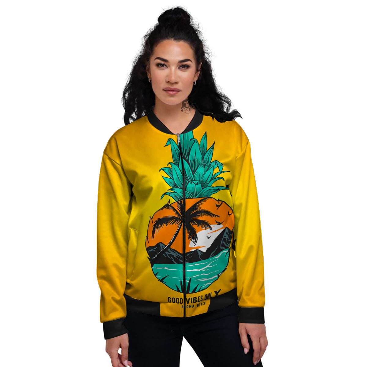 Yellow Pineapple Aloha Tropical Island Print Women's Bomber Jacket-grizzshop