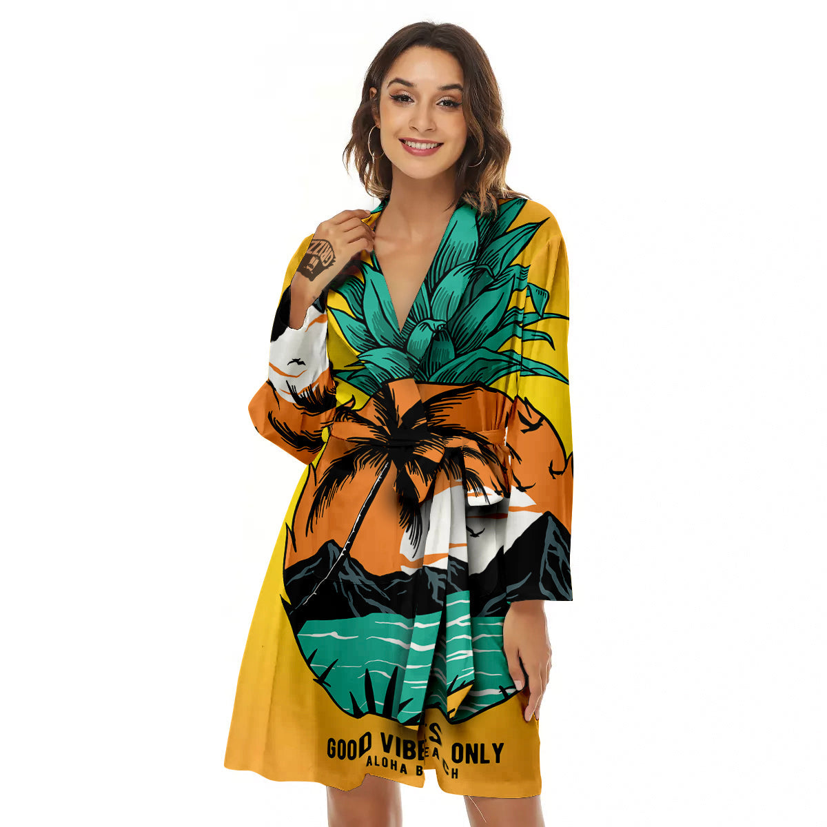 Yellow Pineapple Aloha Tropical Island Print Women's Robe-grizzshop