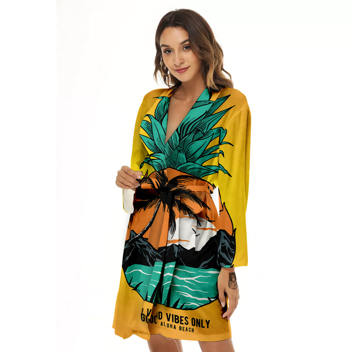 Yellow Pineapple Aloha Tropical Island Print Women's Robe-grizzshop