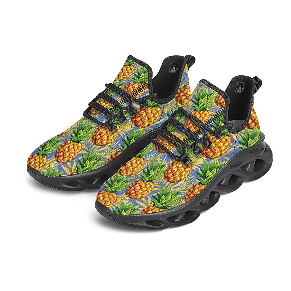 Yellow Pineapple Hawaiian Print Black Running Shoes-grizzshop