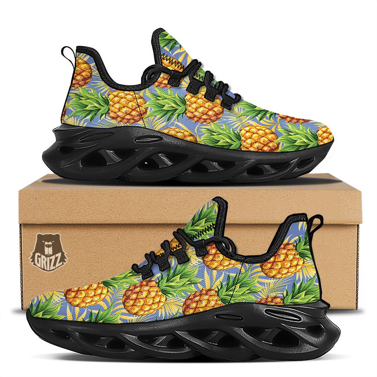 Yellow Pineapple Hawaiian Print Black Running Shoes-grizzshop