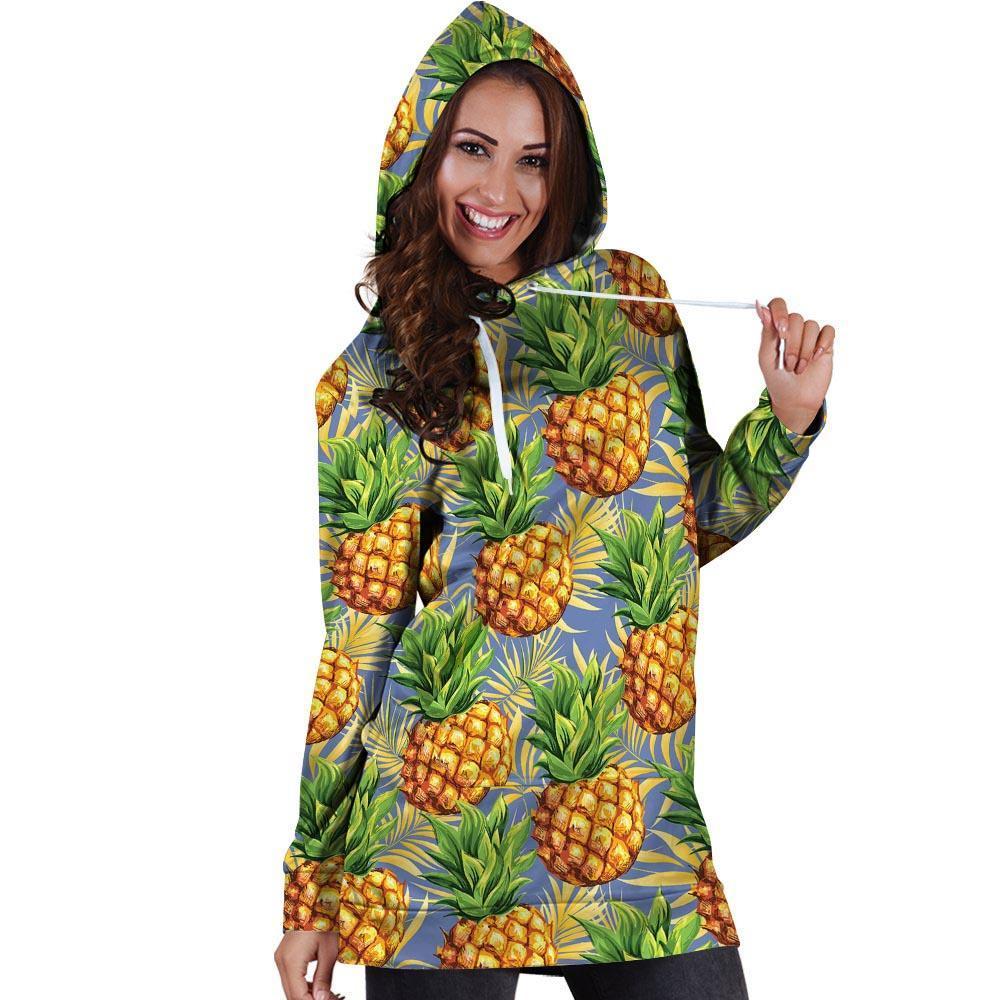 Yellow Pineapple Hawaiian Print Hoodie Dress-grizzshop