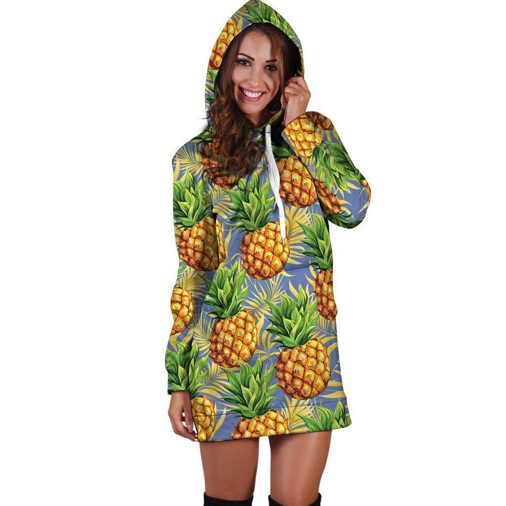 Yellow Pineapple Hawaiian Print Hoodie Dress-grizzshop