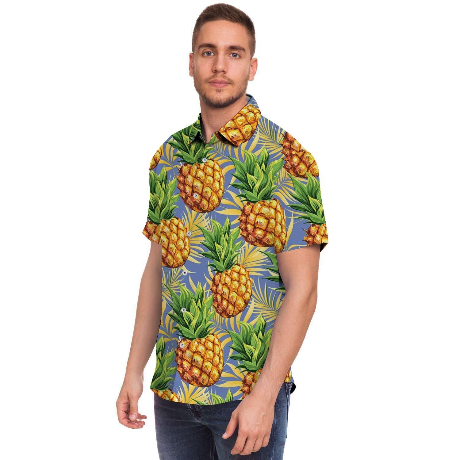 Yellow Pineapple Hawaiian Print Men's Short Sleeve Shirt-grizzshop