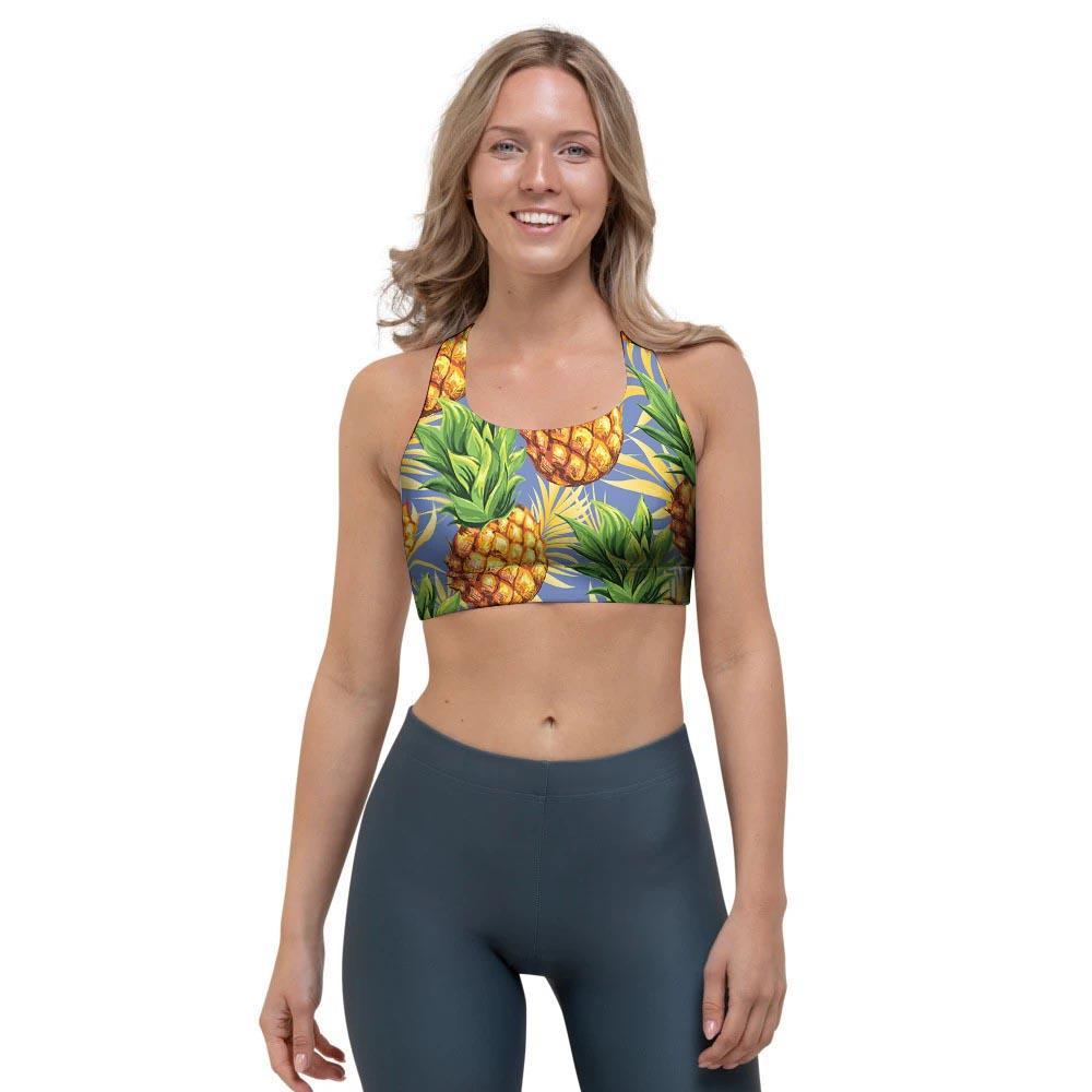 Yellow Pineapple Hawaiian Print Sports Bra-grizzshop