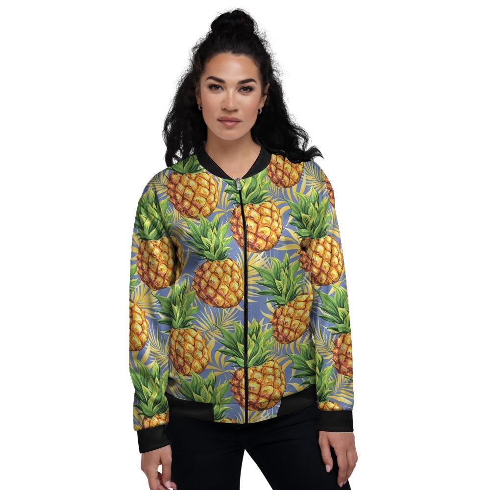 Yellow Pineapple Hawaiian Print Women's Bomber Jacket-grizzshop