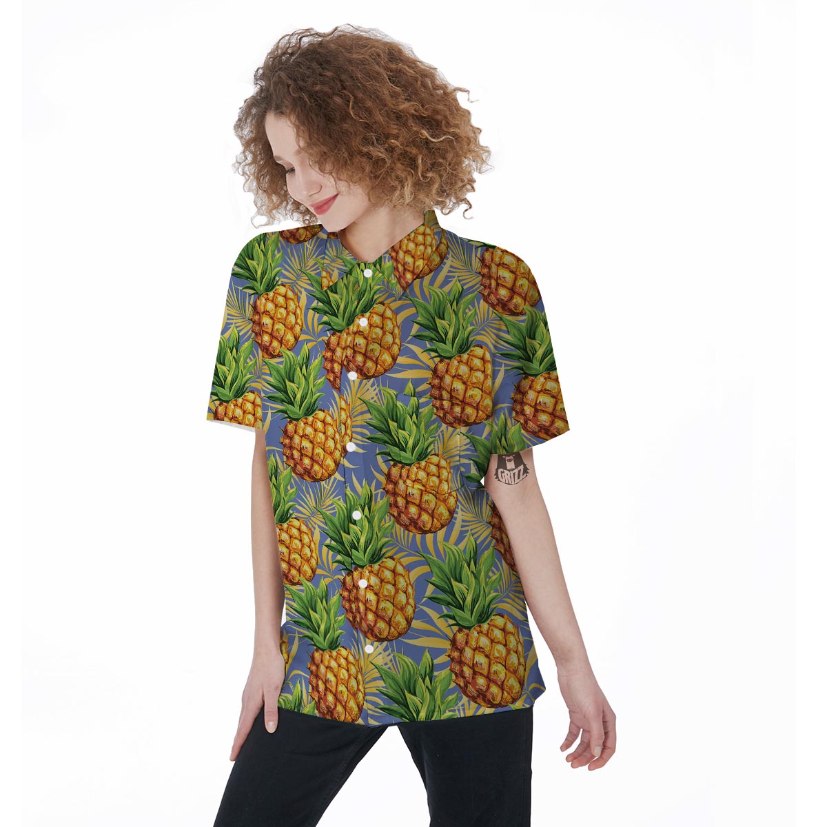 Yellow Pineapple Hawaiian Print Women's Short Sleeve Shirts-grizzshop