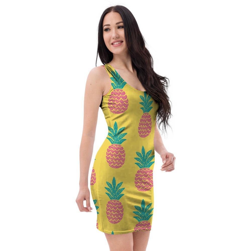 Yellow Pineapple Print Bodycon Dress-grizzshop