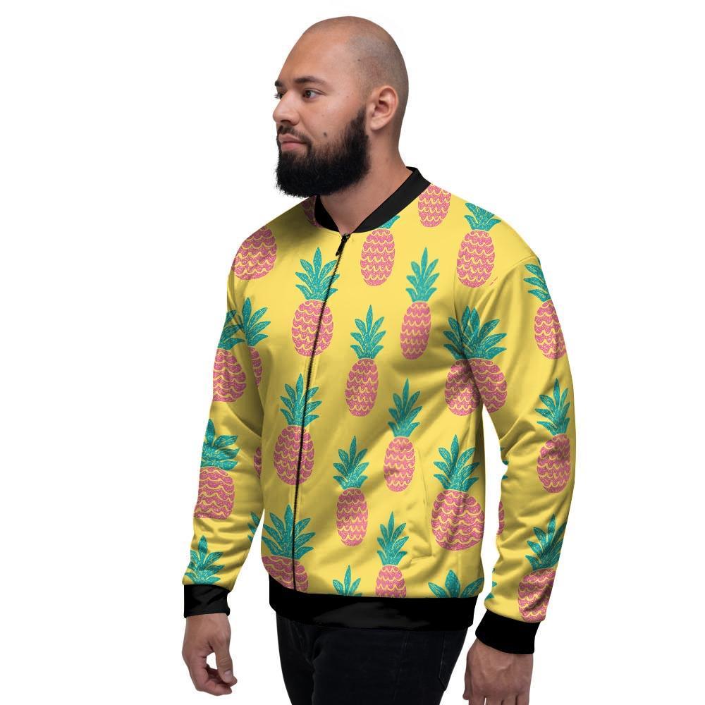 Yellow Pineapple Print Men's Bomber Jacket-grizzshop