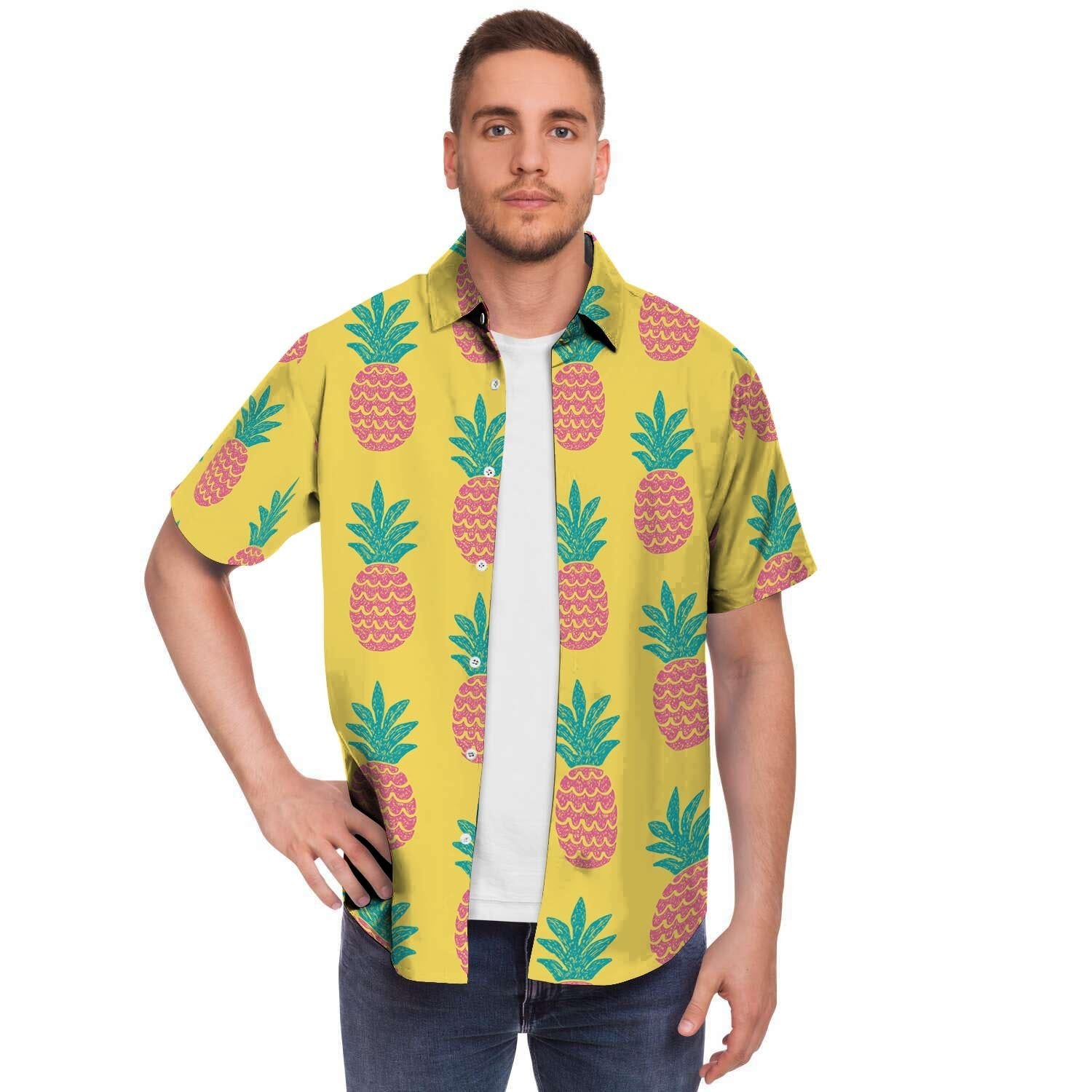 Yellow Pineapple Print Men's Short Sleeve Shirt-grizzshop