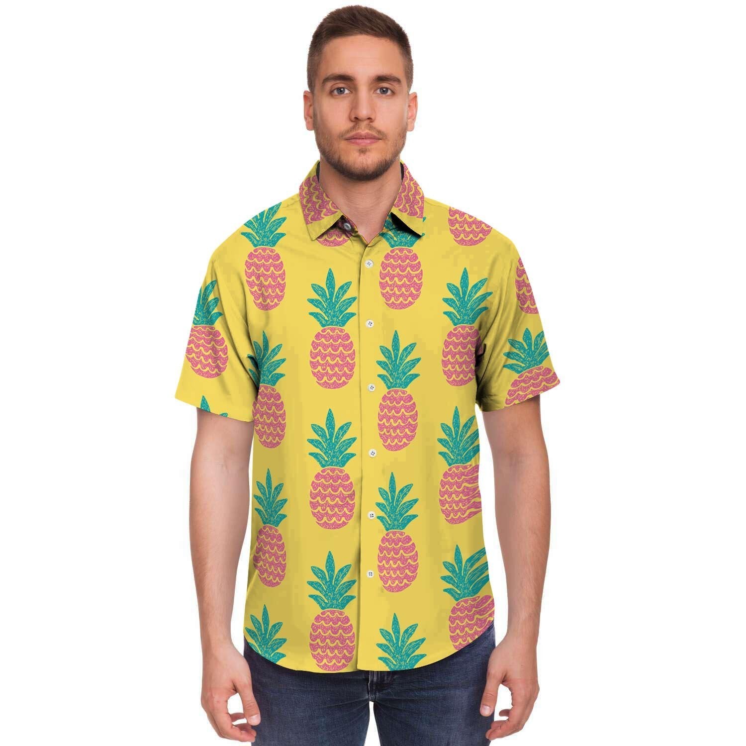 Yellow Pineapple Print Men's Short Sleeve Shirt-grizzshop