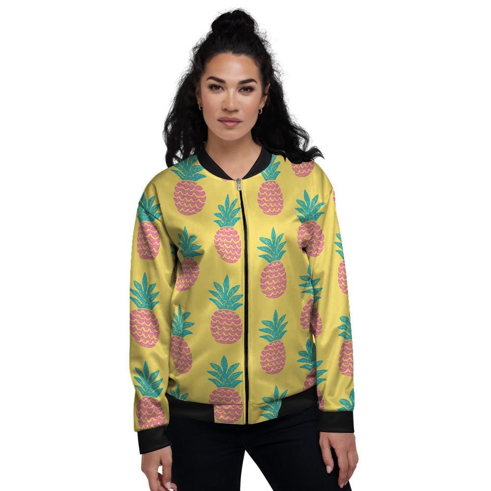 Yellow Pineapple Print Women's Bomber Jacket-grizzshop