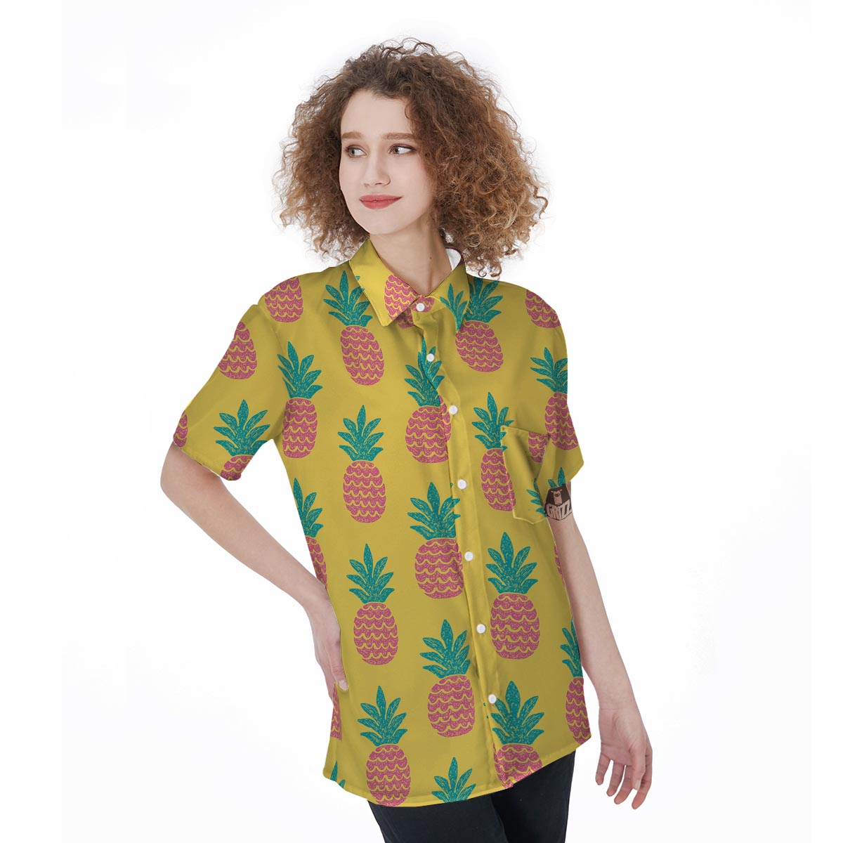 Yellow Pineapple Print Women's Short Sleeve Shirts-grizzshop