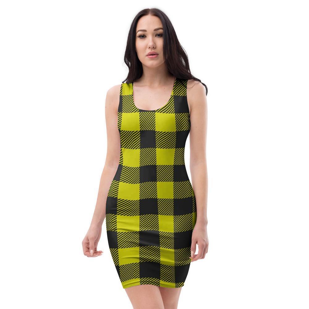 Yellow Plaid Bodycon Dress-grizzshop