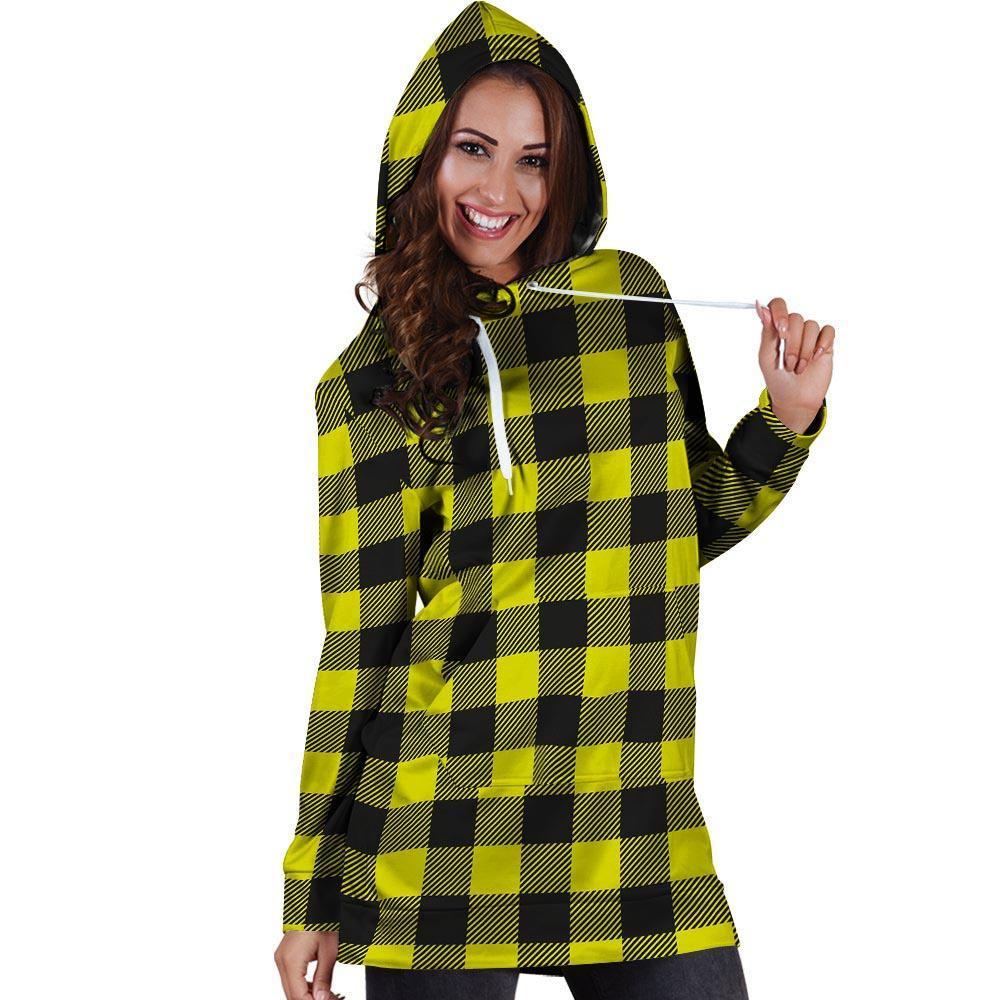 Yellow Plaid Hoodie Dress-grizzshop