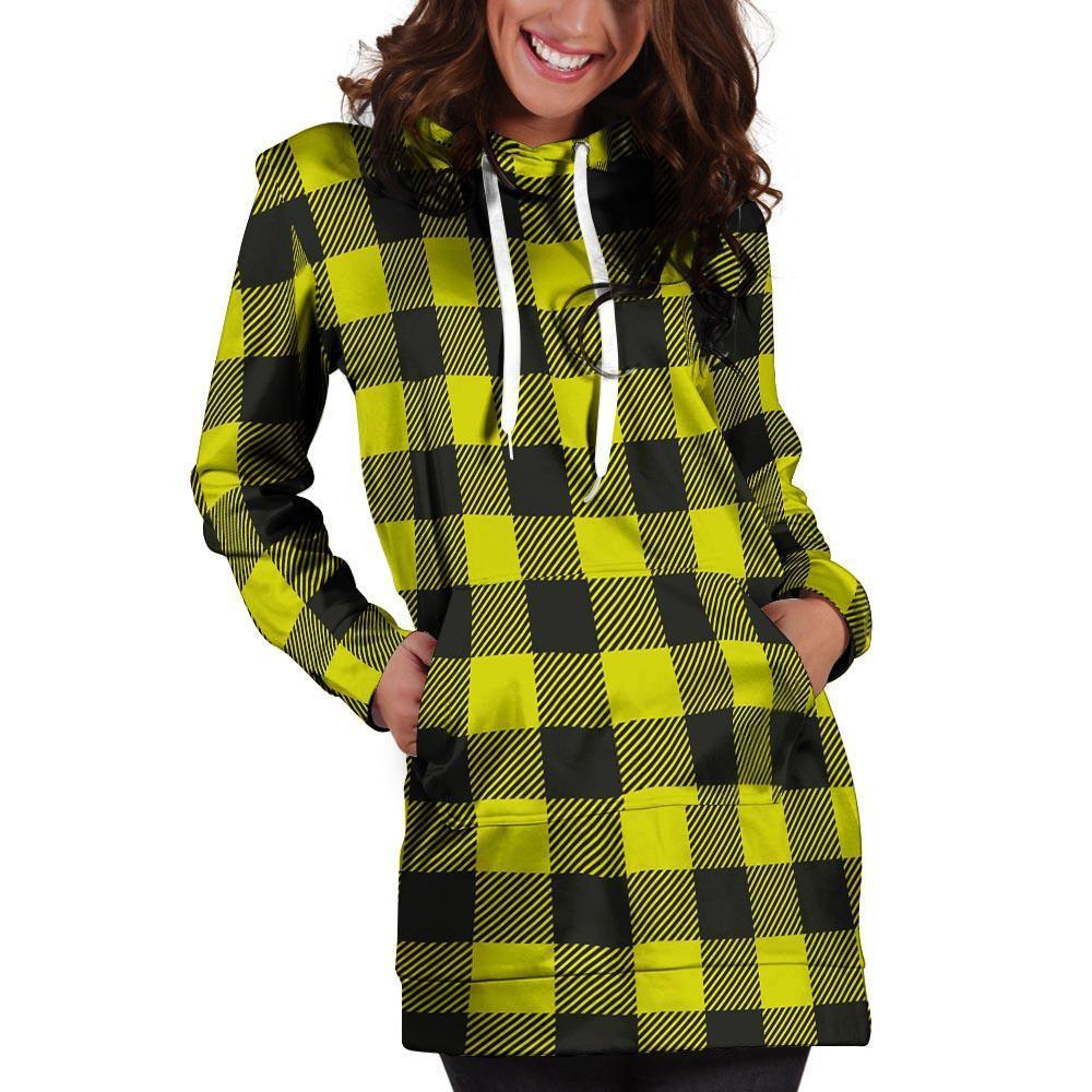 Yellow Plaid Hoodie Dress-grizzshop