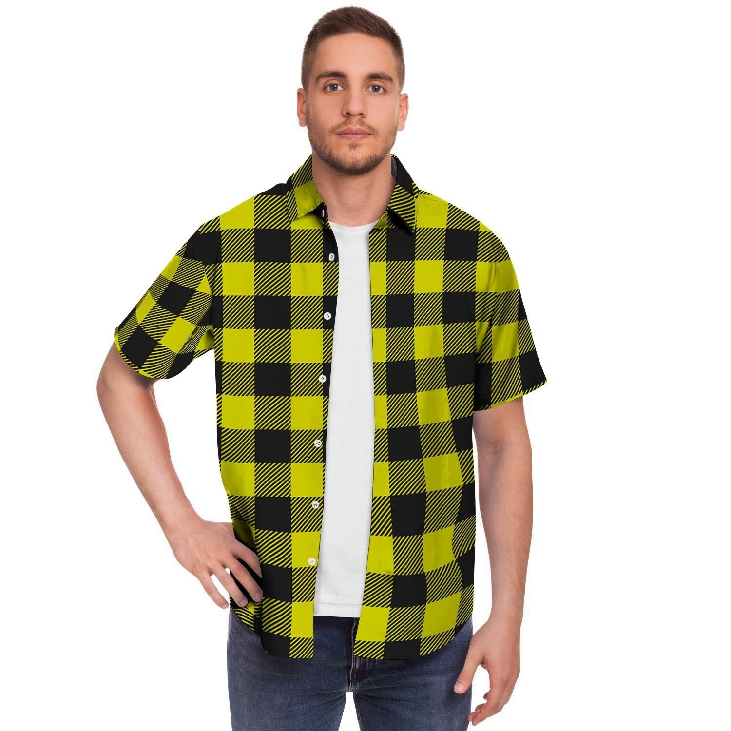 Yellow Plaid Men's Short Sleeve Shirt-grizzshop