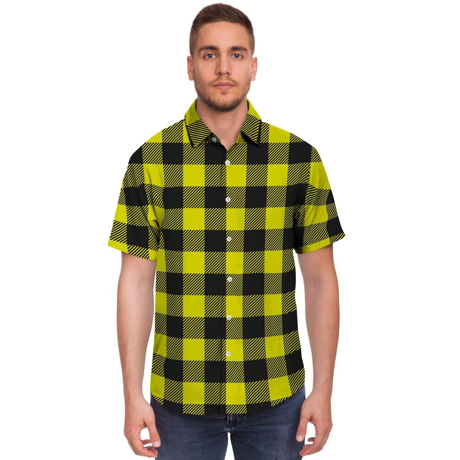 Yellow Plaid Men's Short Sleeve Shirt-grizzshop