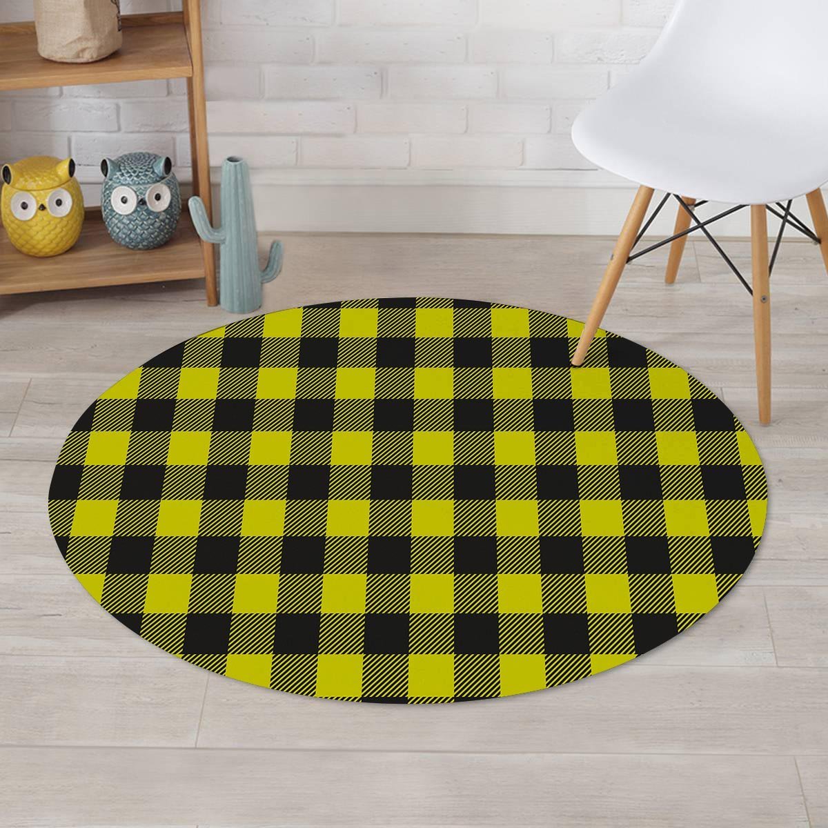 Yellow Plaid Round Rug-grizzshop