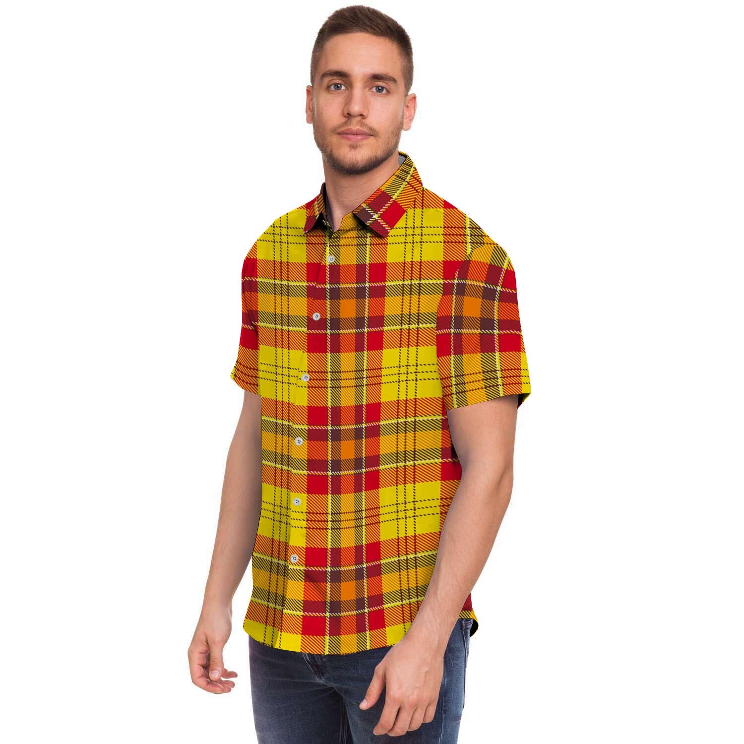 Yellow Plaid Tartan Men's Short Sleeve Shirt-grizzshop