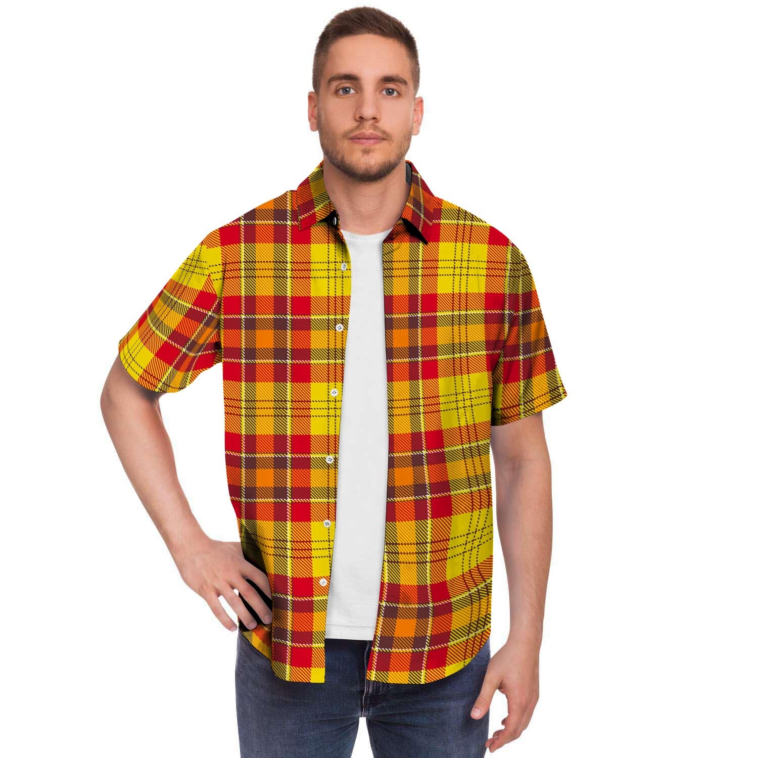 Yellow Plaid Tartan Men's Short Sleeve Shirt-grizzshop