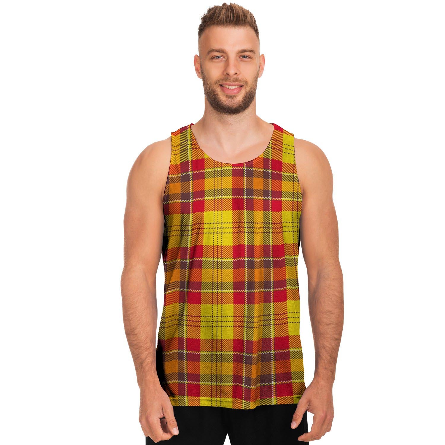 Yellow Plaid Tartan Men's Tank Tops-grizzshop