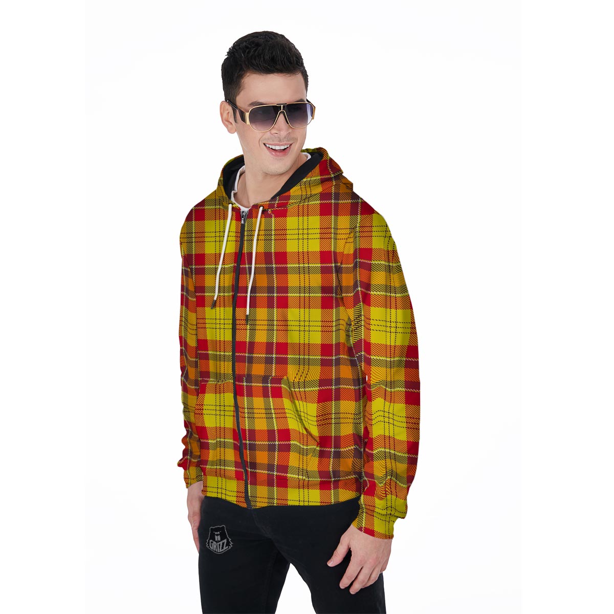 Yellow Plaid Tartan Men's Zip Up Hoodie-grizzshop