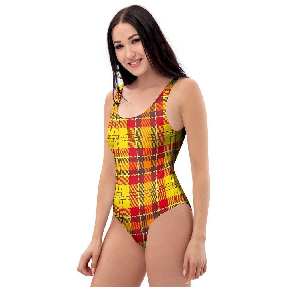 Yellow Plaid Tartan One Piece Swimsuite-grizzshop