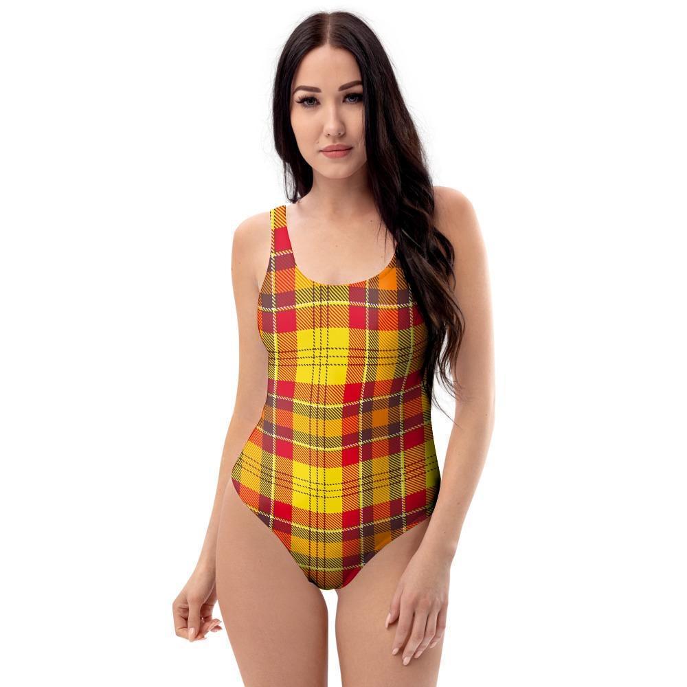 Yellow Plaid Tartan One Piece Swimsuite-grizzshop